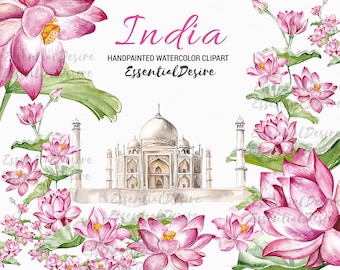 Taj Mahal Clipart Watercolor India Lotus Clipart, Pink Green Floral Illustration, India Printable Yoga Spring Handpainted Romantic DIY Pack