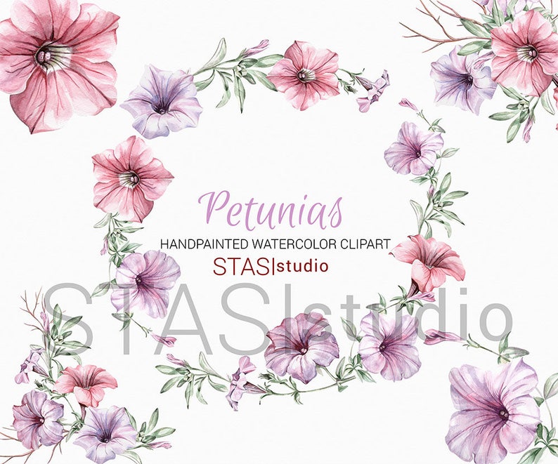 Watercolor Petunias Clipart Boho Floral Wreath Bouquets Wedding invitations Handpainted Pink Purple Flowers Planner Supplies Wedding Clipart image 1