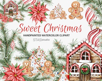 Christmas Clipart, DIY Invite clipart, Watercolor Clipart Gingerbread, Hand Painted, Stickers Illustration, Xmas Baubles, Christmas Graphics