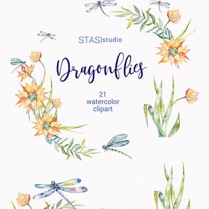 Dragonflies Watercolor Dragonfly Clipart, Blue Green Orange Spring Insect Dragon Fly Illustration Wedding Invitations Printable png DIY image 2