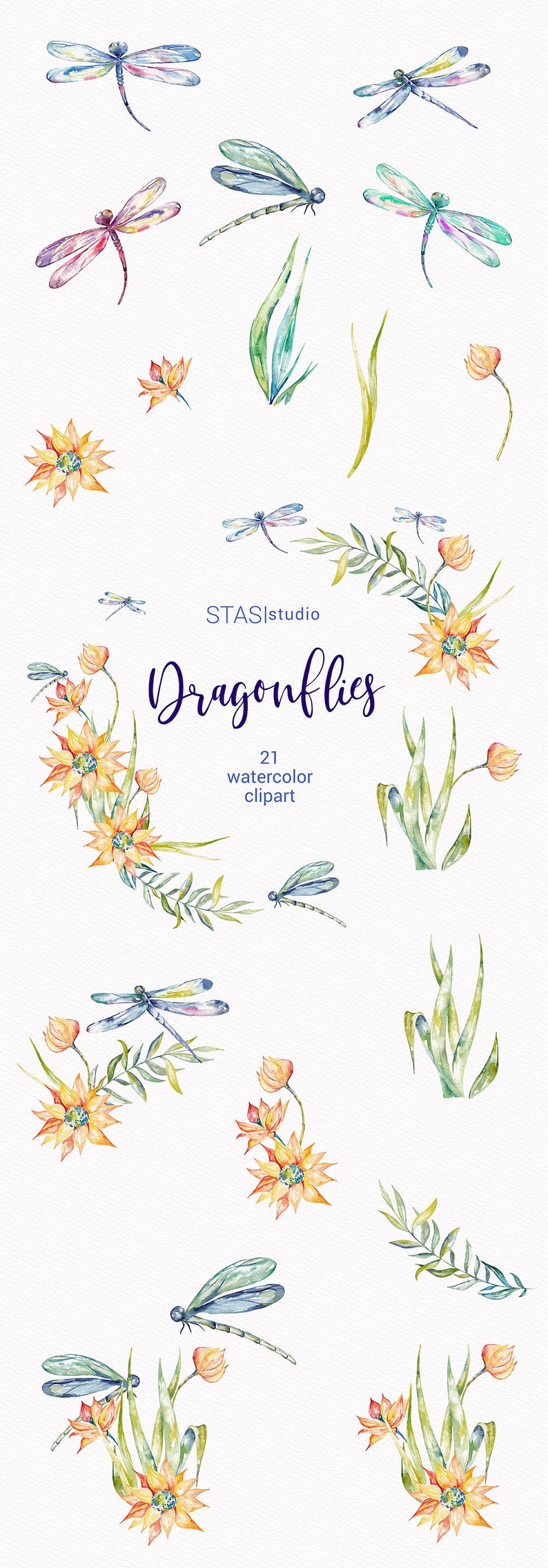 Dragonflies Watercolor Dragonfly Clipart, Blue Green Orange Spring Insect Dragon Fly Illustration Wedding Invitations Printable png DIY image 2