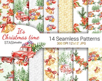Christmas Truck Seamless Pattern Watercolor Christmas Paper Poinsettia Presents Christmas Decoration Digital Stickers Pine Tree Illustration