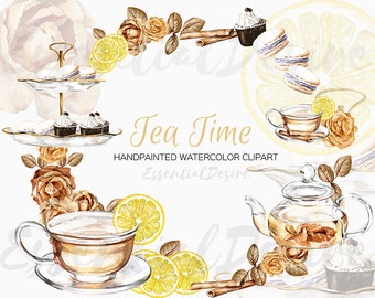 Watercolor Tea Clip Art, Tea Time Clipart, DIY Clip Art, Tea Invitation Tea Time Illustration Watercolor Teacup Lemon Teapot Cookies Flowers