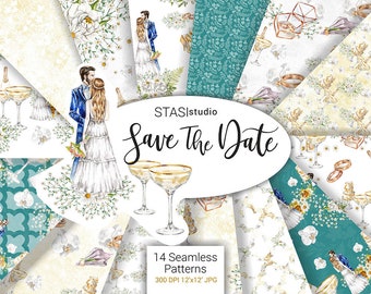 Save The Date Wedding Paper Watercolor Illustration Bride and Groom Wedding Seamless Pattern Flowers champagne Sparkly gold backdrop DIY