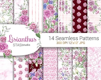 Lisianthus Watercolor Handpainted Paper Floral Lisianthus Bouquets, Wedding Suite Invitation Pack Scrapbook Paper Pack Bordeaux Pink Flowers