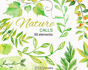 Watercolor Floral Elements Nature Leaves Clipart Wedding Invitation, Planner Green Stickers, Greeting Card Clipart, Printable Leaves Clipart