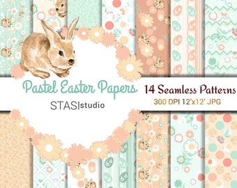 Easter Paper Pack, Pastel Easter Paper, Peach and Mint Paper, Cute Bunny, Easter Printables, Spring Digital Paper Pack, Baby Digital Paper