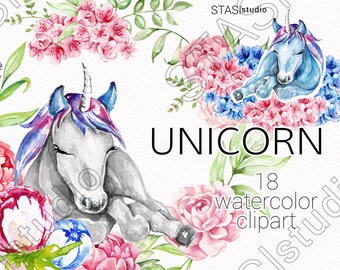 Unicorn Watercolor Clip Art Pink Blue Peonies Nursey Illustration Baby Clipart Floral Whimsical DIY Magical Unicorn Sleeping baby unicorn