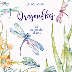 Dragonflies Watercolor Dragonfly Clipart, Blue Green Orange Spring Insect Dragon Fly Illustration Wedding Invitations Printable png DIY image 1