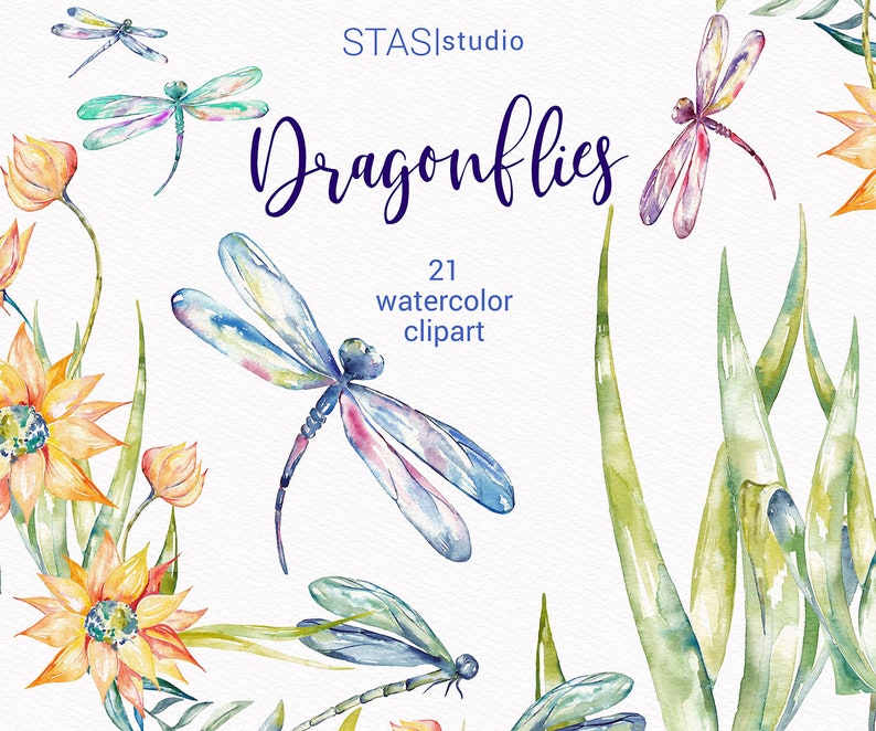 Dragonflies Watercolor Dragonfly Clipart, Blue Green Orange Spring Insect Dragon Fly Illustration Wedding Invitations Printable png DIY image 1