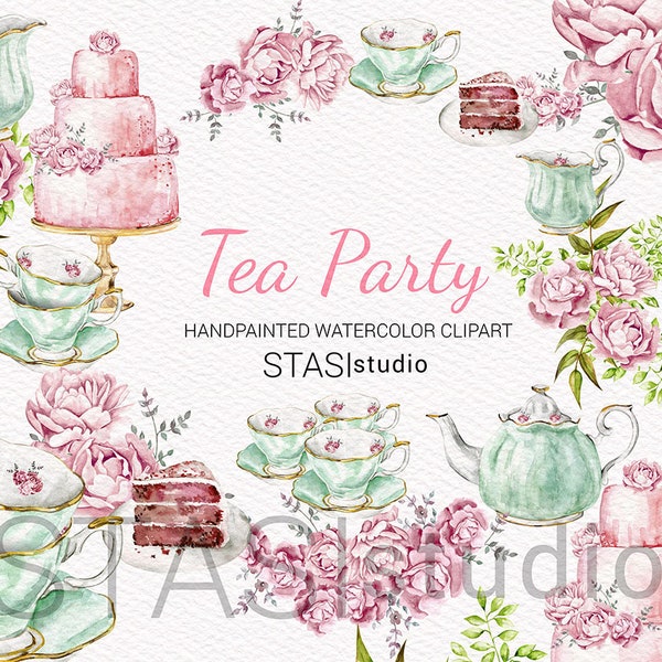 Tea Party Watercolor Clipart High Tea Illustration Mint Teapot Tea Cup Cakes Pink Mint Gold Glitter, Pink Peonies, Bridal Shower Invitation