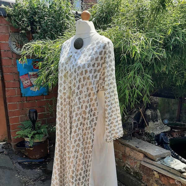 Amazing kaftan goddess dress white with printed gold paint design hippie robe pearly beads and tussles