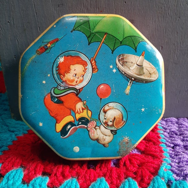 vintage sweet tin space boy childrens toffee tin 50s? 60s stars astronaut