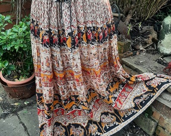 90s gypsy hippie skirt withe indian print design gauze with silver bells