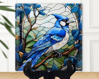 Souvenir de carreaux de céramique geai bleu : cadeau déco pour amateur d'oiseaux, faux vitrail, cadeau pour une nouvelle maison