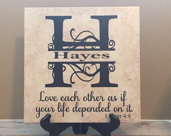 Decorative Tile, Family Name Sign, Wedding Gift, Bridal Shower, Bride Gift, Religious Gifts, Established Sign, Family Name Decor, Peter 4:8