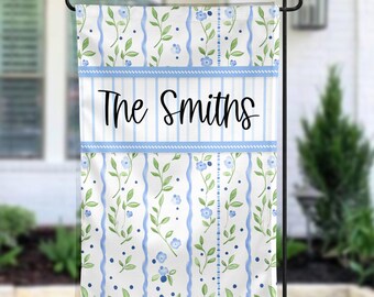 Floral Welcome Garden Flag, Personalized Spring Summer Yard Decor, Green & Blue Outdoor Decoration, 12x18 flag
