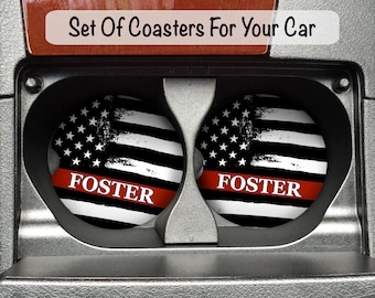 Thin Red Line Flag Car Coaster Set Personalized, Firefighter Gifts, Gift for Firemen, Father&#39;s Day Gift, Husband Gift, Gifts For Him,