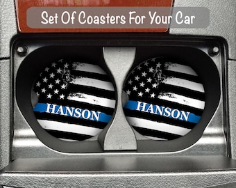 Blue Line Flag Car Coaster Set Personalized, Blue Lives Matter, Back the Blue, Christmas Gift Dad, Gift for Husband, Cop Gifts, Gift For Him