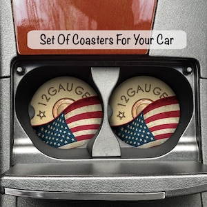 12 Gauge Ammo American Flag Car Coaster Set: Custom Auto Coasters Him, Father's Day Gift, Husband Birthday Gift, Coasters for Son