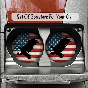 American Flag Car Coaster Set, Bald Eagle Auto Coasters, Patriotic Flag Coasters, Gift For Him, Christmas Gift Man, Father&#39;s Day Gift