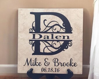 Personalized Last Name Decorative Ceramic Tile, Monogram Couple Wedding Anniversary Gift, Mothers Day Gift, Established Sign