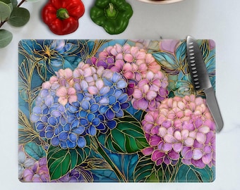 Hydrangea Glass Cutting Board: Spring Floral Kitchen Decor, Housewarming Gift,  Size 8x11 & 11x15