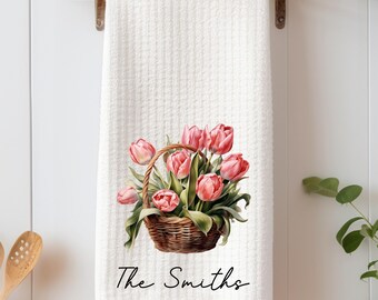 Personalized Tulips in Basket Kitchen Towel, Custom Family Name Dish Towel, Spring Floral Tea Towel, Housewarming Gift, Easter Kitchen Decor