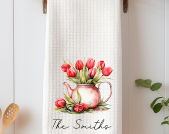 Personalized Tulip Teapot Kitchen Hand Towel, Custom Name Dish Towel, Gifts for Her