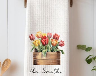 Personalized Tulip Kitchen Towel, Custom Family Name Dish Towel, Spring Floral Tea Towel, Housewarming Gift, Easter Kitchen Decor