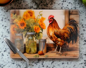 Sunflower Rooster Cutting Board, Rooster Kitchen, Birthday Gift Mom, Wife Gift Ideas Friend Gifts, Mother's Day Gift, Christmas Gift Her