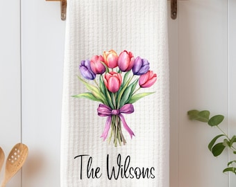 Personalized Tulips Kitchen Towel, Custom Family Name Dish Towel, Spring Floral Pink Yellow Red, Housewarming Gift, Easter Kitchen Decor