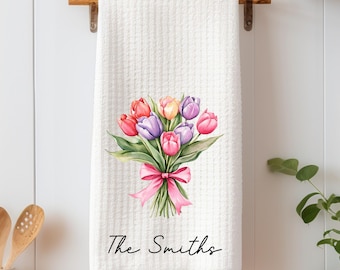 Personalized Tulips Kitchen Towel, Custom Family Name Dish Towel, Spring Floral Pink Yellow Red, Housewarming Gift, Easter Kitchen Decor