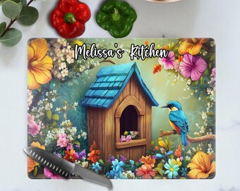 Personalized Floral Blue Bird Glass Cutting Board: Birthday Bird Lover Gift, New Home Decor