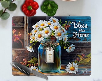 Bless Our Home Decorative Cutting Board: Daisy Floral Spring Kitchen Counter Decor,  Christian Religious Gifts Her, Sizes 8x11 & 11x15