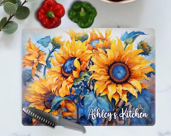 Sunflower Glass Cutting Board, Summer Kitchen Decor, New Home, Birthday Gift Friend, Textured Surface