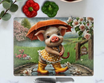 Country Pig Kitchen Glass Cutting Board: Farmhouse New Kitchen Countertop Decor, Country Kitchen