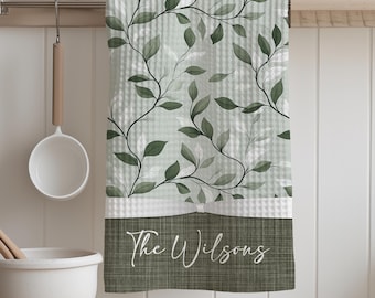 Personalized Sage Green Floral Towel with Name: Housewarming Wedding Gift, Matching Kitchen Potholders, Farmhouse Kitchen