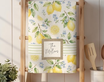 Personalized Yellow Lemon Kitchen Towels with Name: Housewarming Wedding Gift, Monogrammed Pot Holder Oven Mitt Set, Farmhouse Kitchen