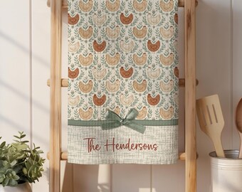 Personalized Chicken Hen Kitchen Set: Farmhouse Waffle Towel, Pot Holders with Name
