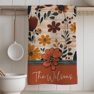 Custom Fall Floral Pumpkin Tea Dish Hand Kitchen Towel: Personalized Fall Kitchen Pot Holders, Hostess Housewarming Gift, Birthday Gift Her