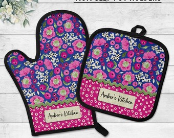 Personalized Spring Kitchen Pot Holders, Floral Oven Mitt and Matching Towel, Housewarming Gift, Spring Home Decor