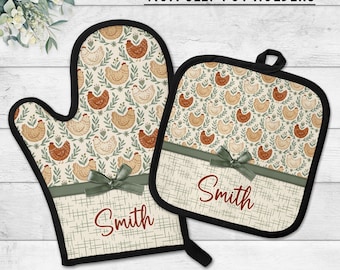 Personalized Country Chicken Kitchen Pot Holders with Name: Housewarming Gift, Farmhouse Hen Dish Towel- Pot Holder Set & Towel