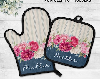 Personalized Spring Floral Pot Holders Matching Towel, Pink Blue Farmhouse Kitchen, Mother's Day Gift, Housewarming