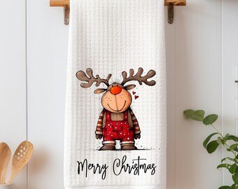 Paño de cocina personalizado con texto "Feliz Navidad": Paño de cocina con diseño de reno, regalo para anfitriona, regalo de amigo invisible, decoración de cocina invernal.