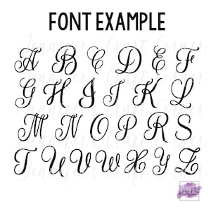 May include: A black and white image showing a font example with all the letters of the alphabet in a cursive script style.