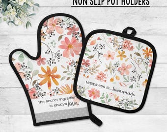 Spring Kitchen Pot Holders, Floral Peach ad Gray Oven Mitt and Matching Towel, Housewarming Gift, Spring Home Decor
