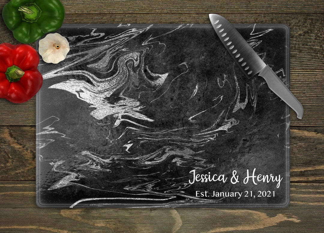Personalized Glass Cutting Board Black and White Marble Etsy