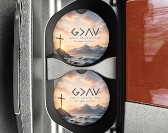 God is Greater Symbol Car Coasters, Cross Mountains & Waves, Christian Religious Gift Women, New Car Decor (sandstone or rubber)