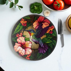 Round Floral Hummingbird Glass Cutting Board, Rooster Kitchen Decor: Size 12x12, Nonslip Rubber Feet